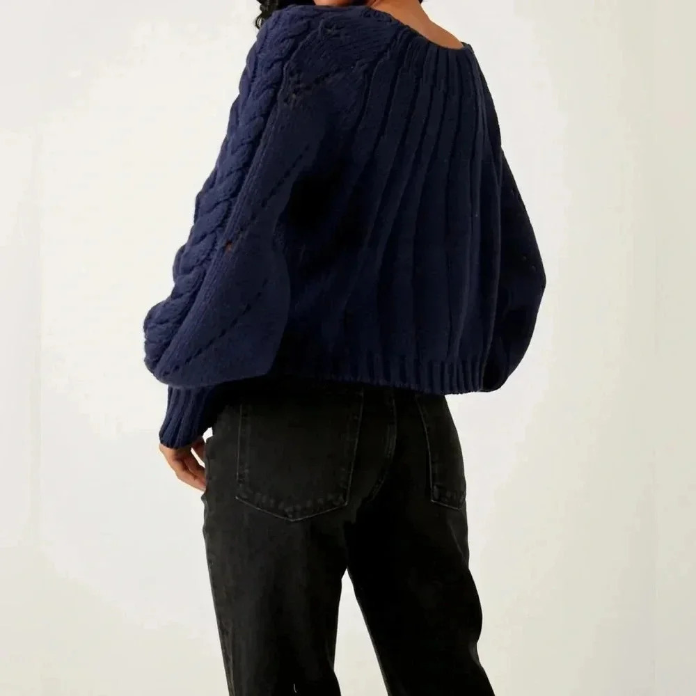 Free People Sandre Pullover Sweater in Navy Blue NWT - Picture 3 of 9